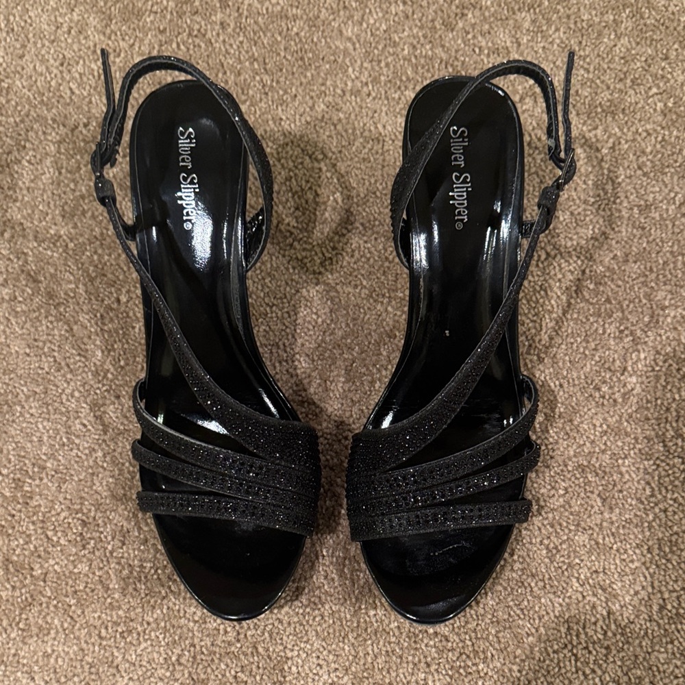 Black glittery Silver Slipper heels